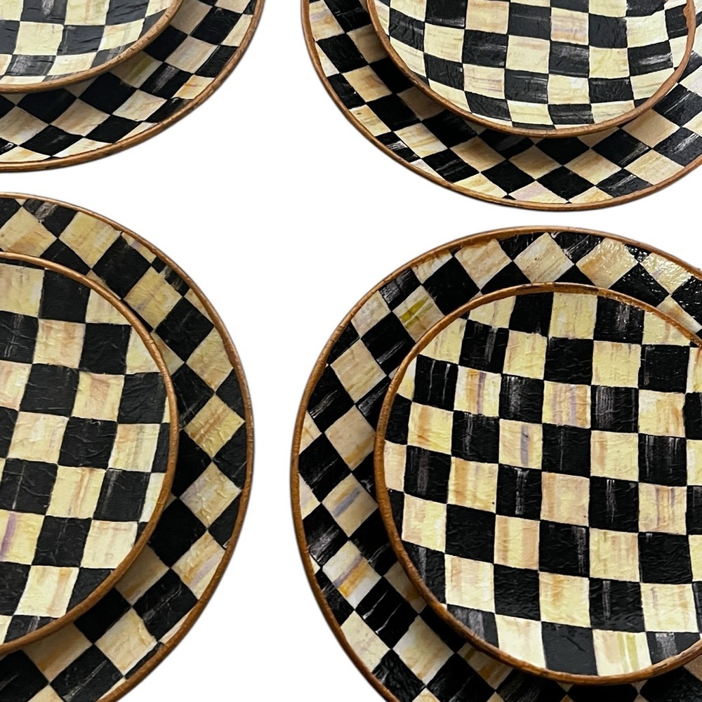 Black & Cream Checkered Salad & Dessert plates Makenzie Child Inspired☑️